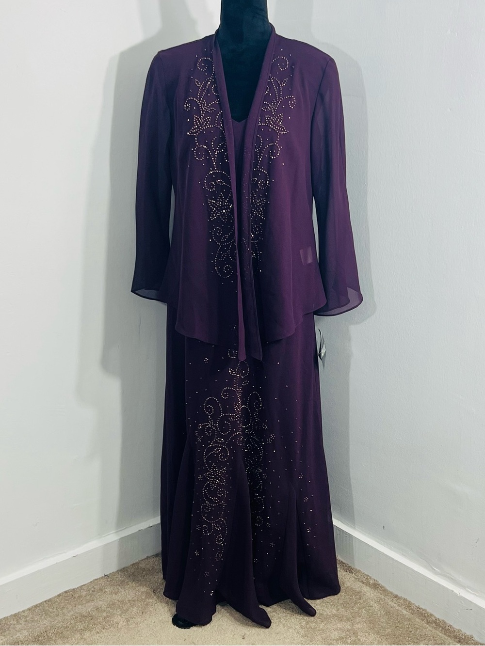 R&M Richards 2 Pc Maxi Eggplant Dress Set Made In USA Sheer NEW Size 16 Chiffon - Picture 10 of 13
